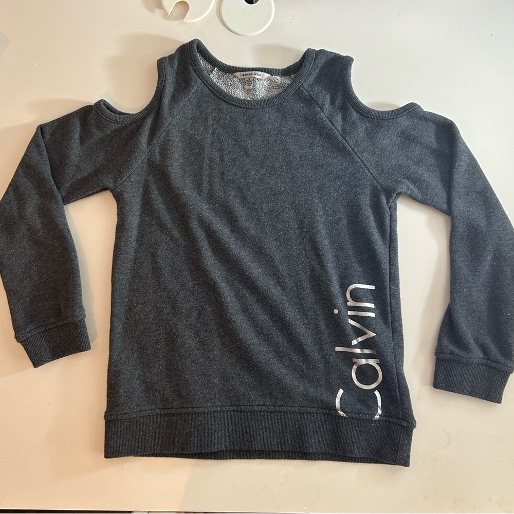 Calvin Klein Large (12/14) Gray Youth Open Shoulder Crewneck Sweater